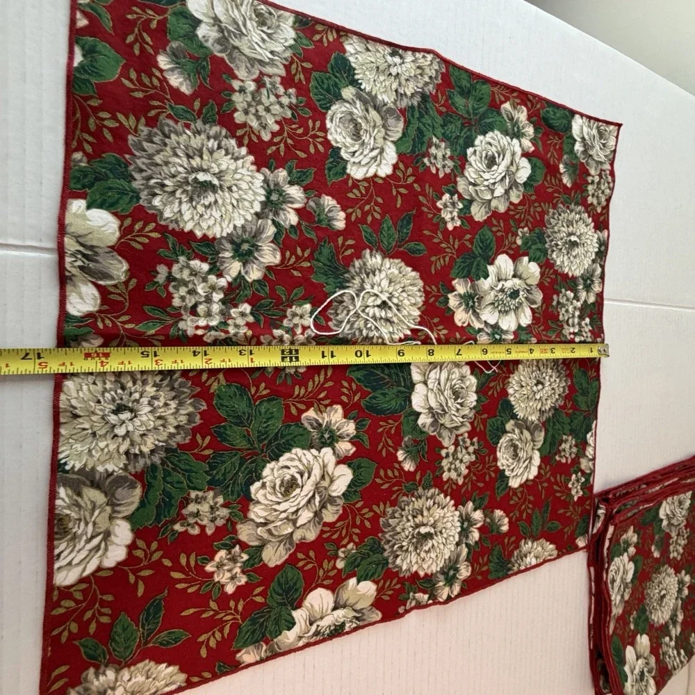 Vintage Red, Gold & White Floral Linen Cotton Napkins Set of 4 Cottagecore